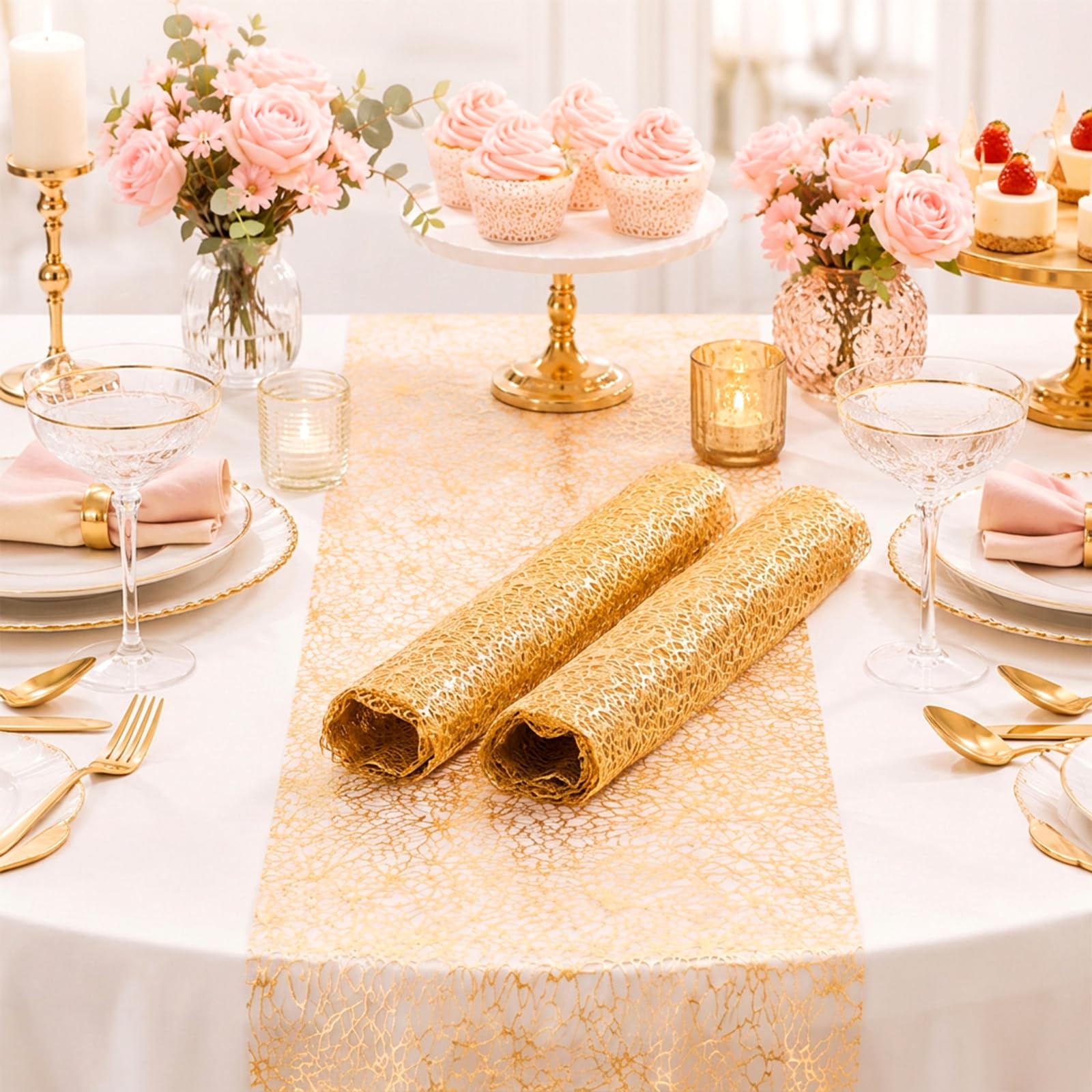 Wedding or party table with Gold Table Runner decor