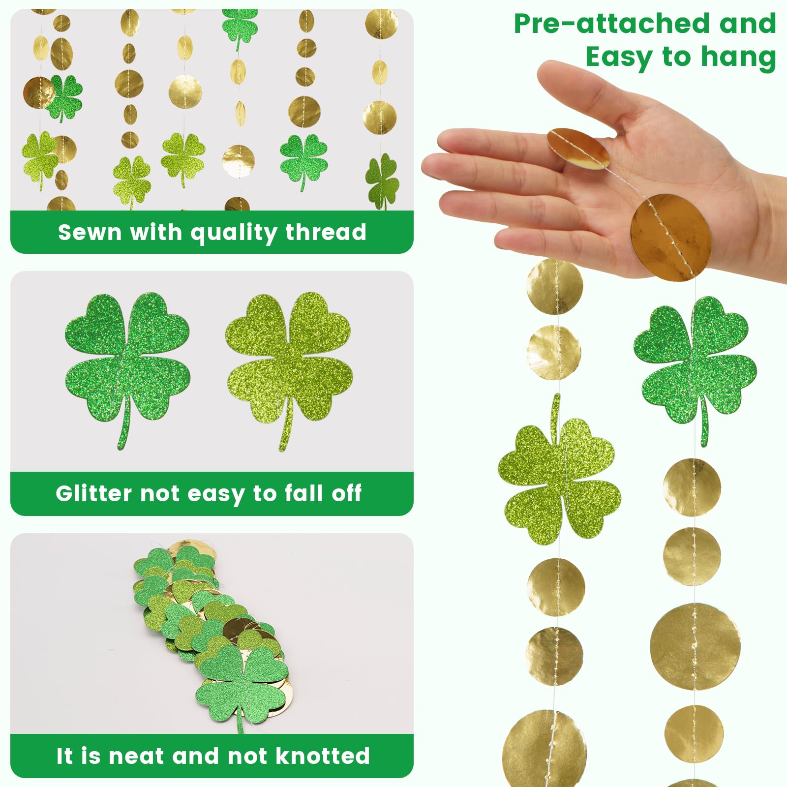 Glitter green shamrocks with gold accents on garland string