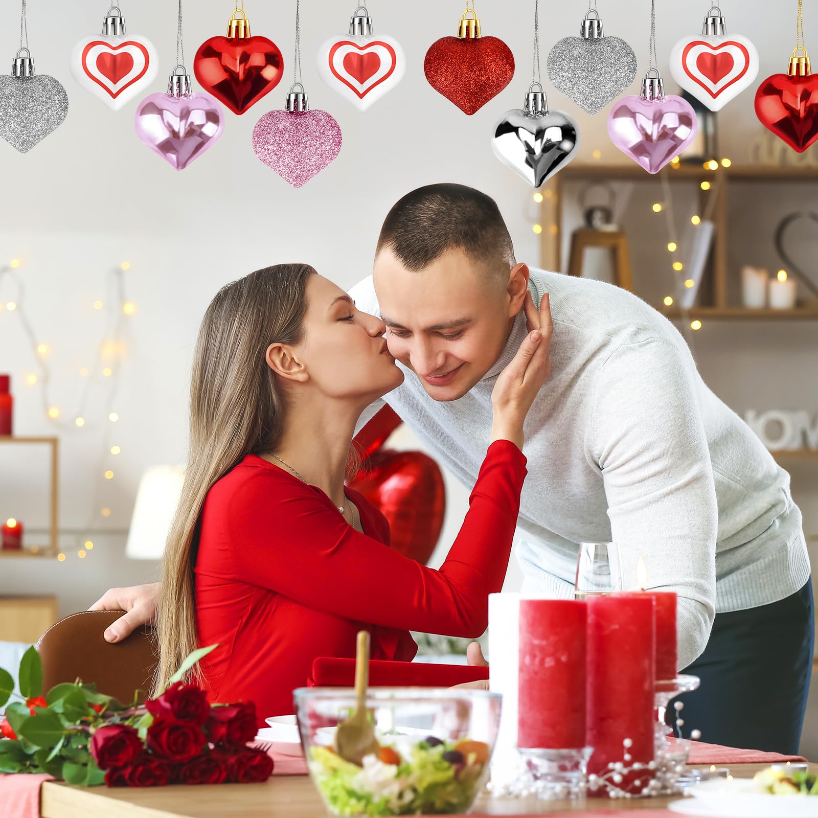 Glitter pink heart ornaments set