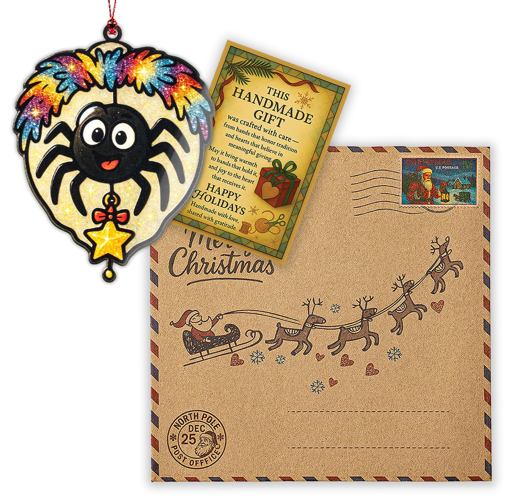 Christmas Spider Ornament displayed in window with star accent
