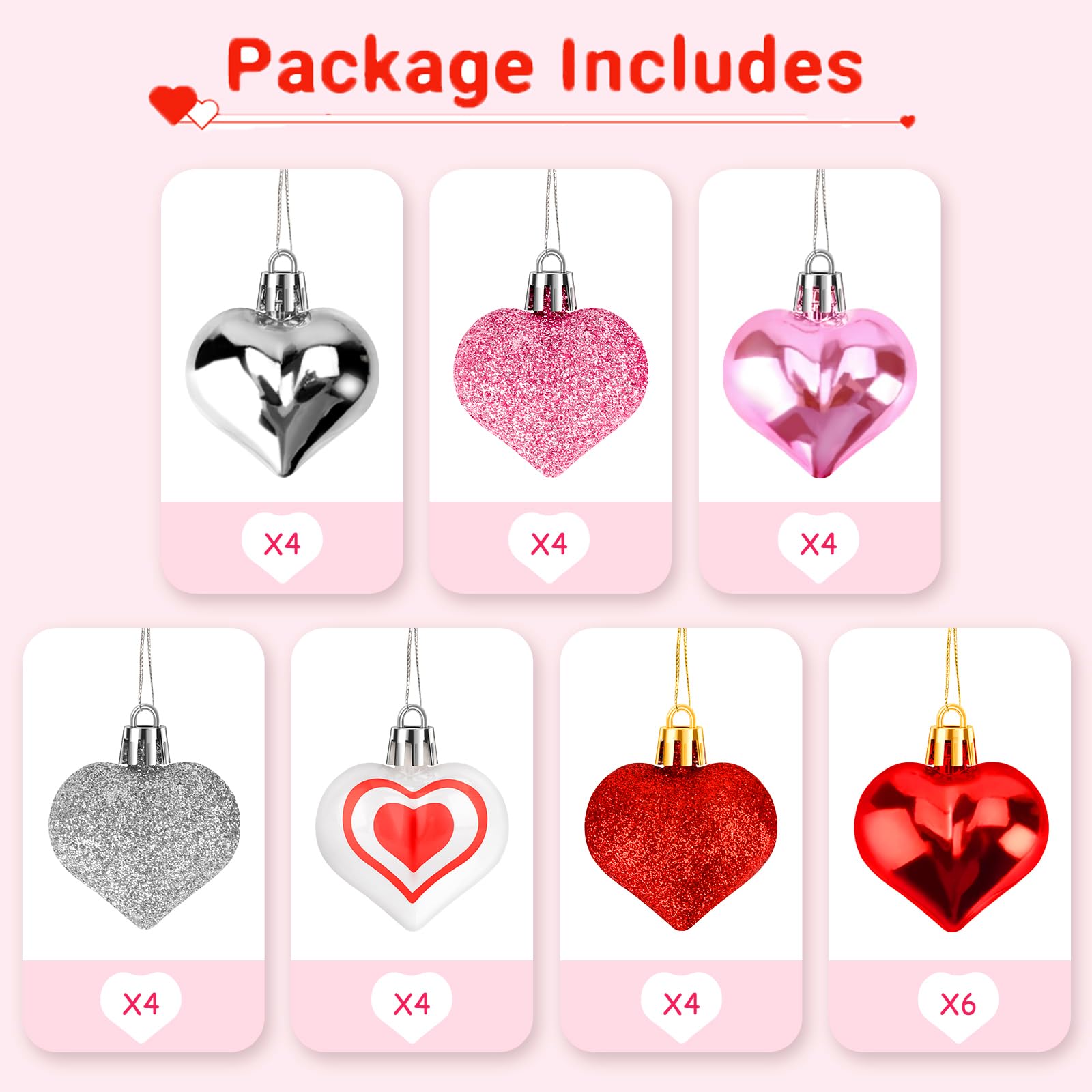 Glitter red heart ornaments set