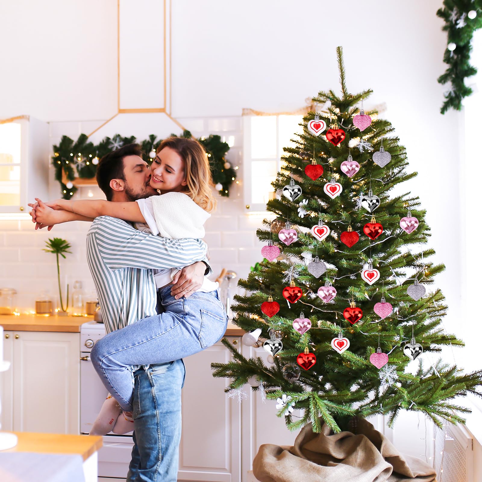 Glitter silver heart ornaments set