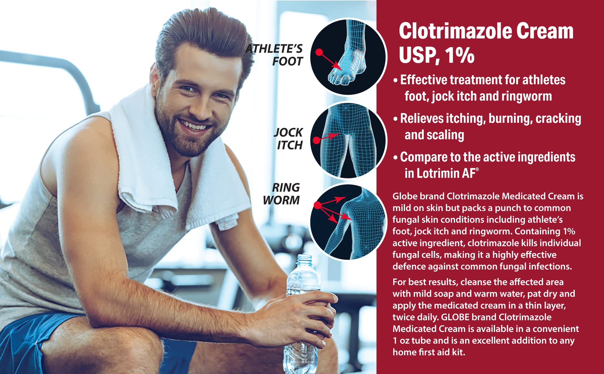 Globe Clotrimazole Cream 1% tube for feet and body