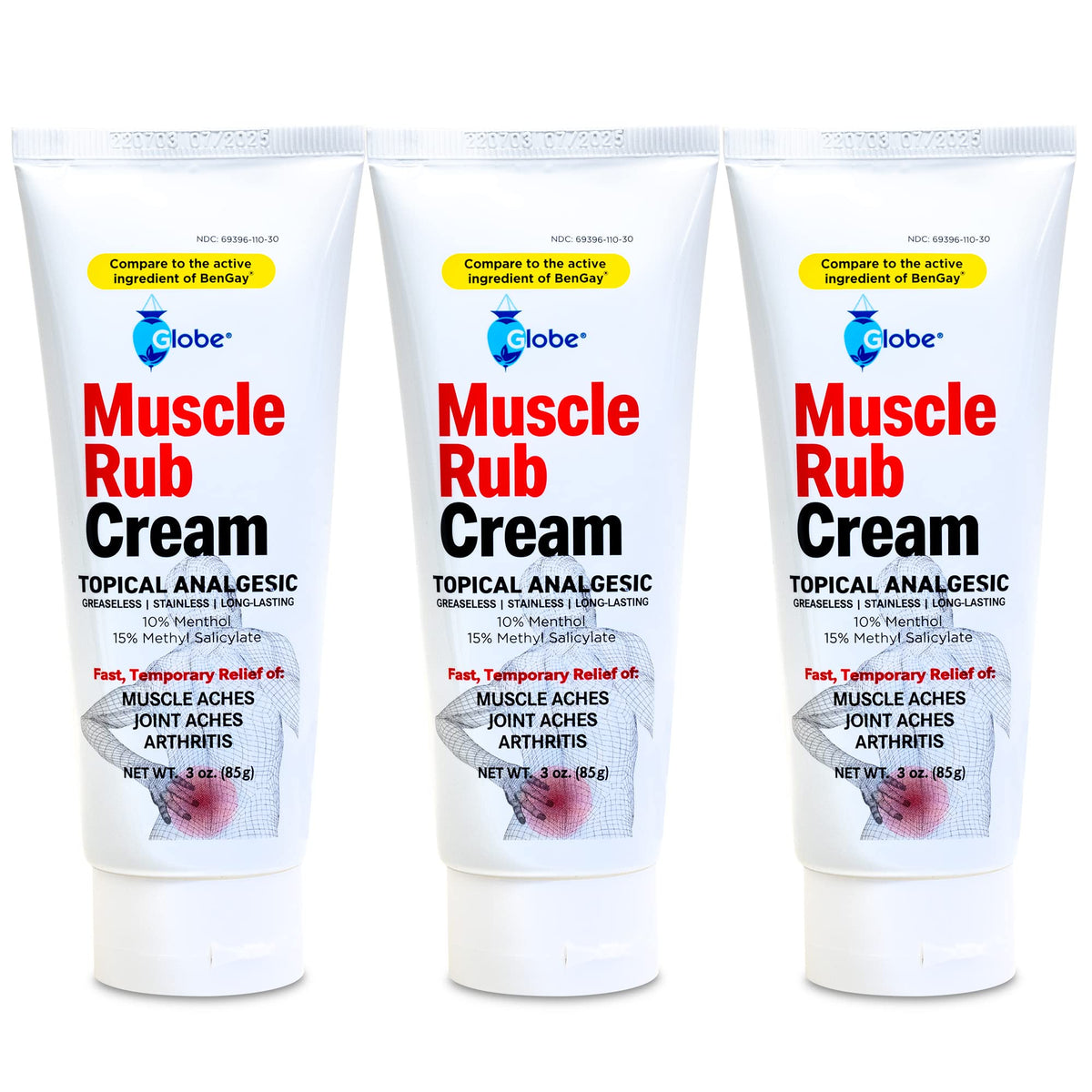 Front view of Globe Ultra Strength Muscle Rub Cream 3 pack