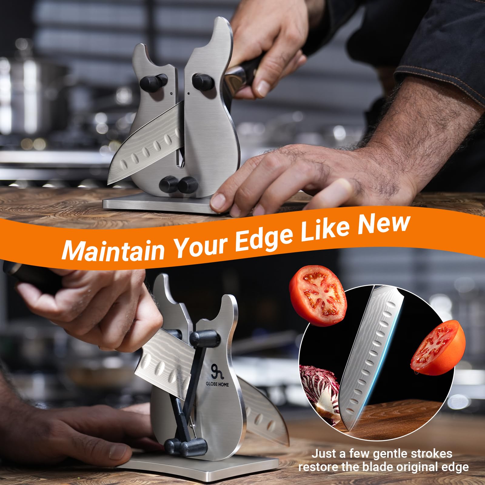 Auto-adjusting tungsten carbide arms on GlobeHome sharpener