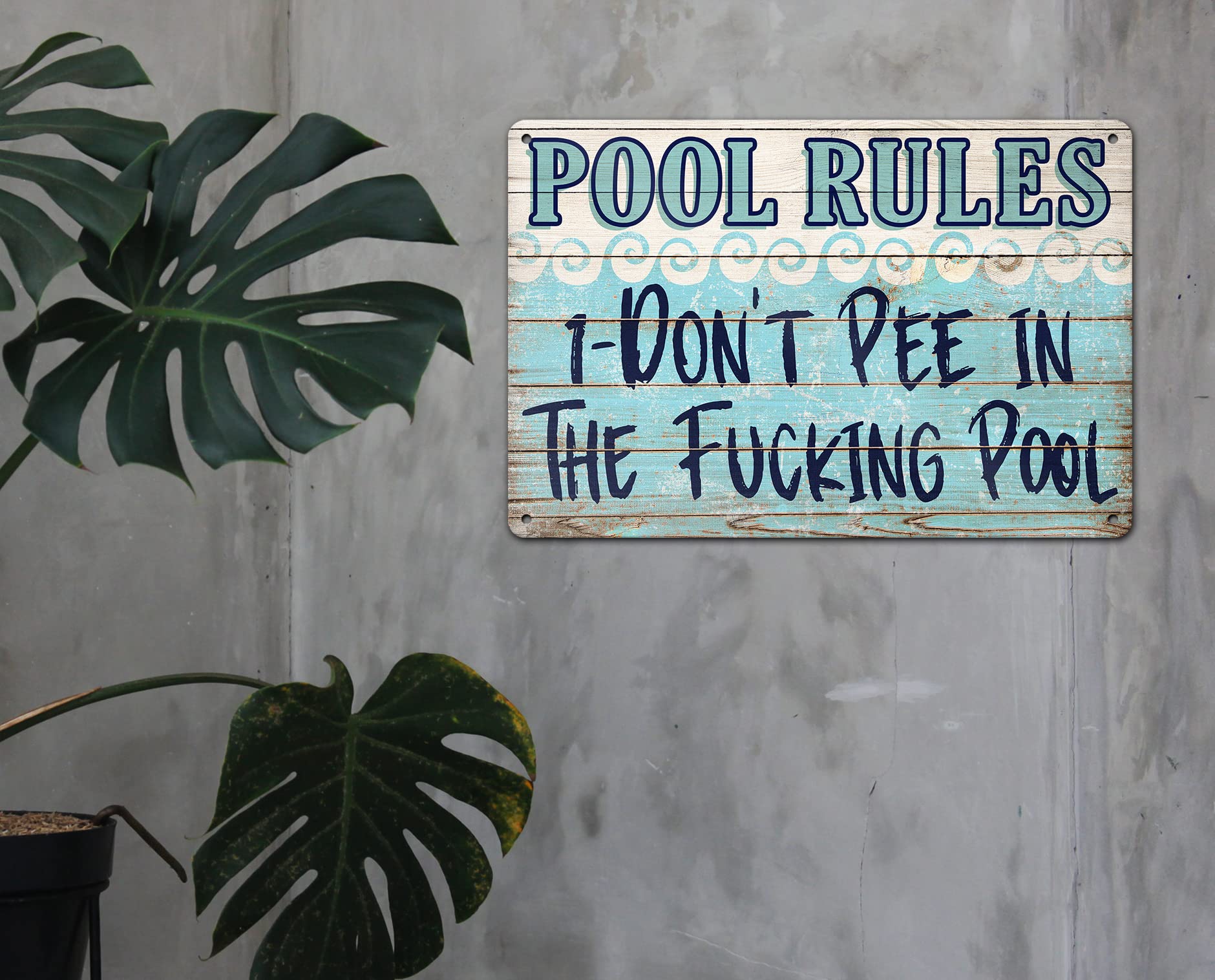 Pool decor sign for indoor or outdoor spaces