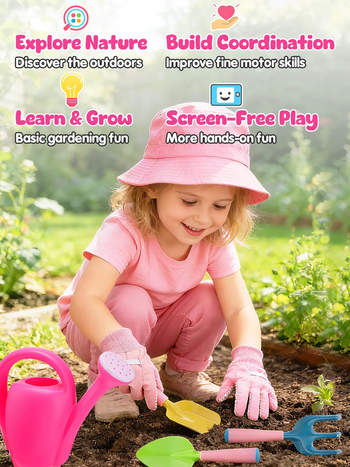 Kids gardening hand rake and shovels in pink Biubee kit