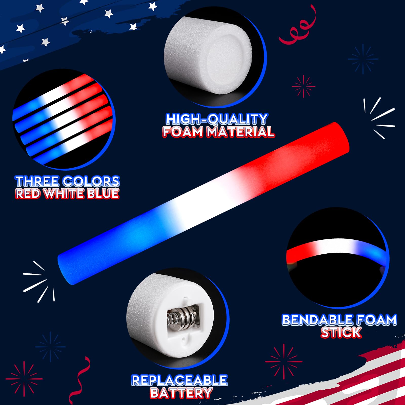 Battery-operated foam glow sticks with pre-installed batteries