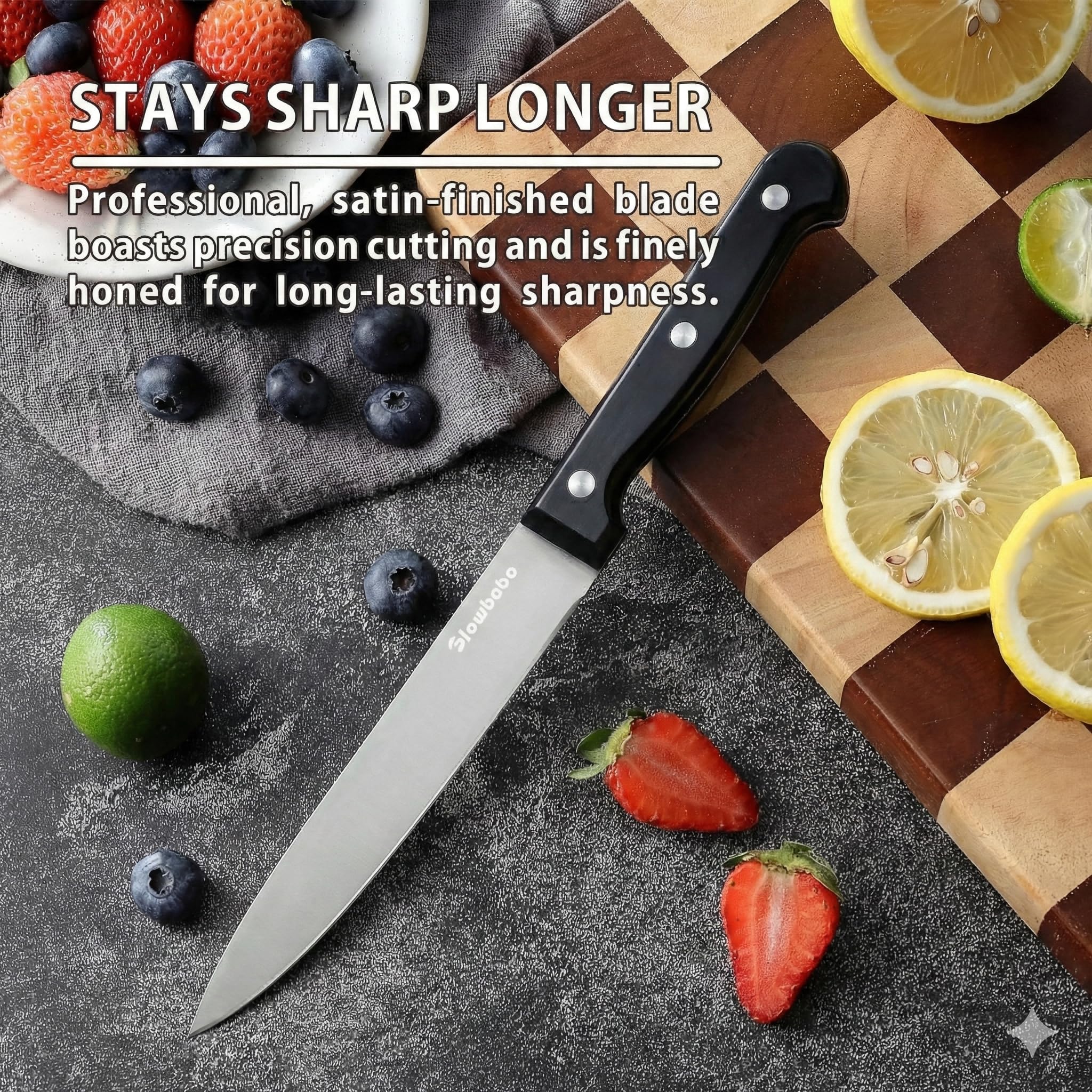Glowbobo paring knife with triple rivets and full-tang construction