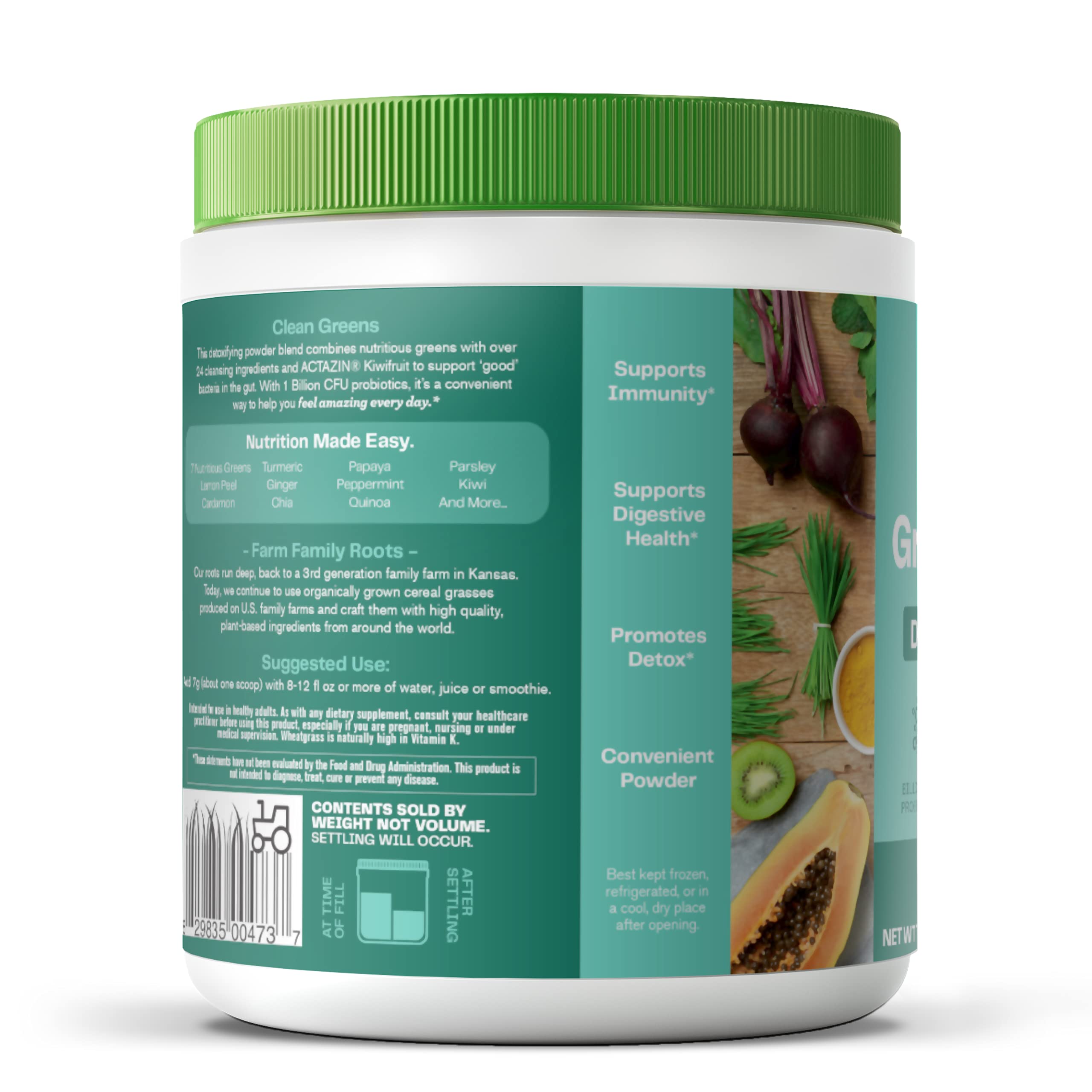 Gluten free plant based notes on Amazing Grass Greens Blend packaging