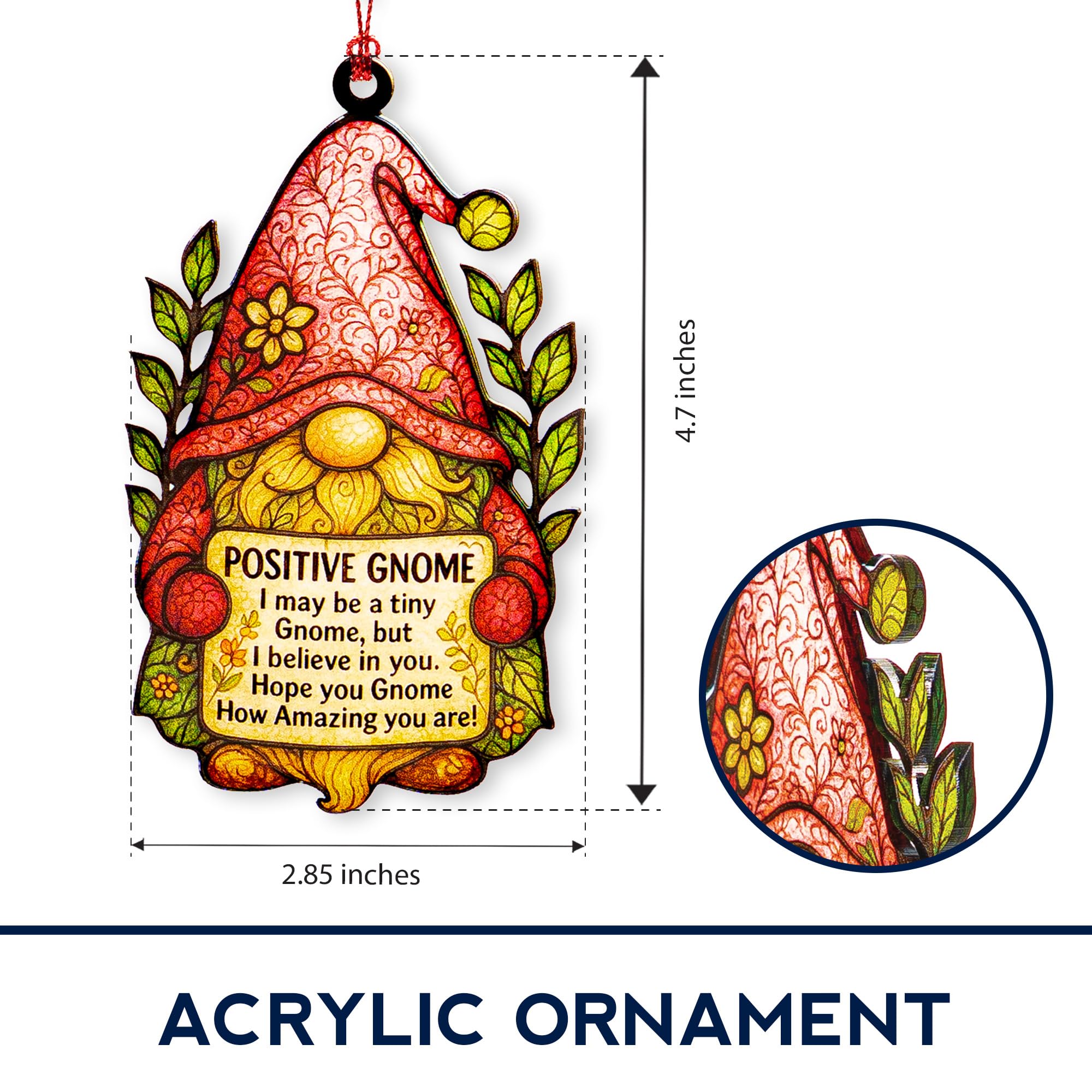 Gnome christmas ornaments close up with colorful artwork