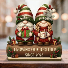 Personalized gnome couple wooden plaque with names and year