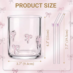 Goaste pink bow glass cups with straws 7.7 inches