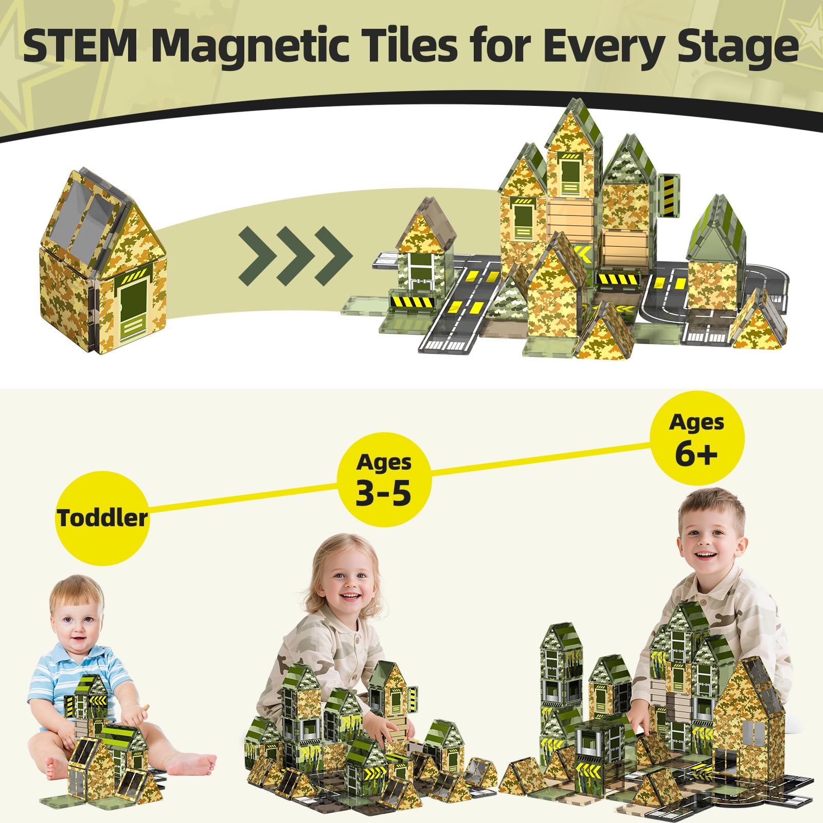 camo magnetic tiles road set for immersive army play and bases
