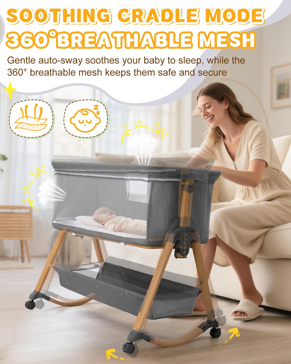 Adjustable height bedside bassinet in nursery setup