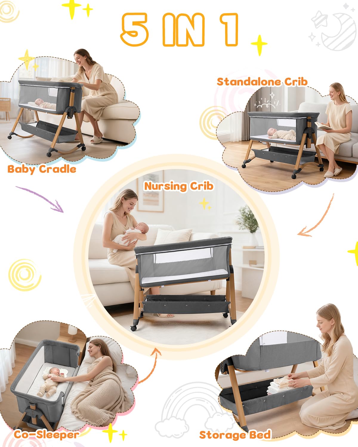 Bedside bassinet rocking cradle mode closeup