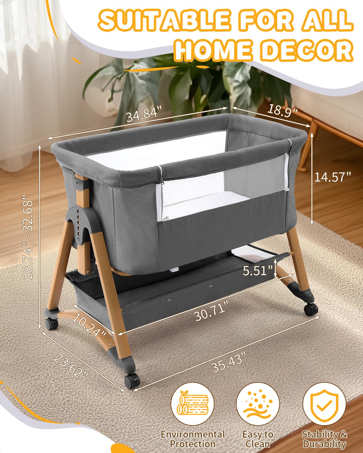 Wood grain finish with tool-free assembly design