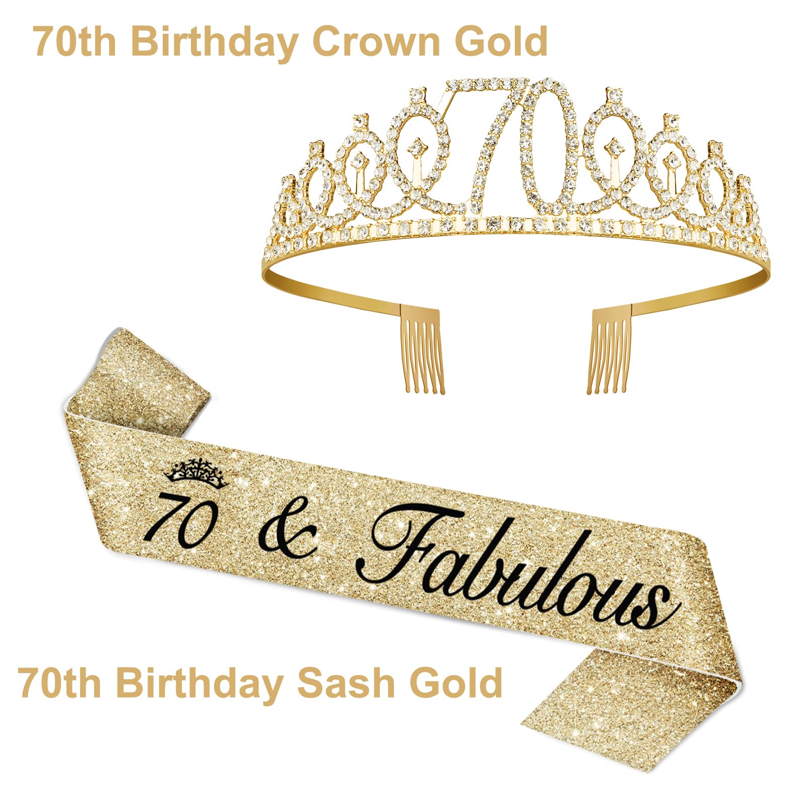Gold 70th birthday tiara with rhinestones and hair combs