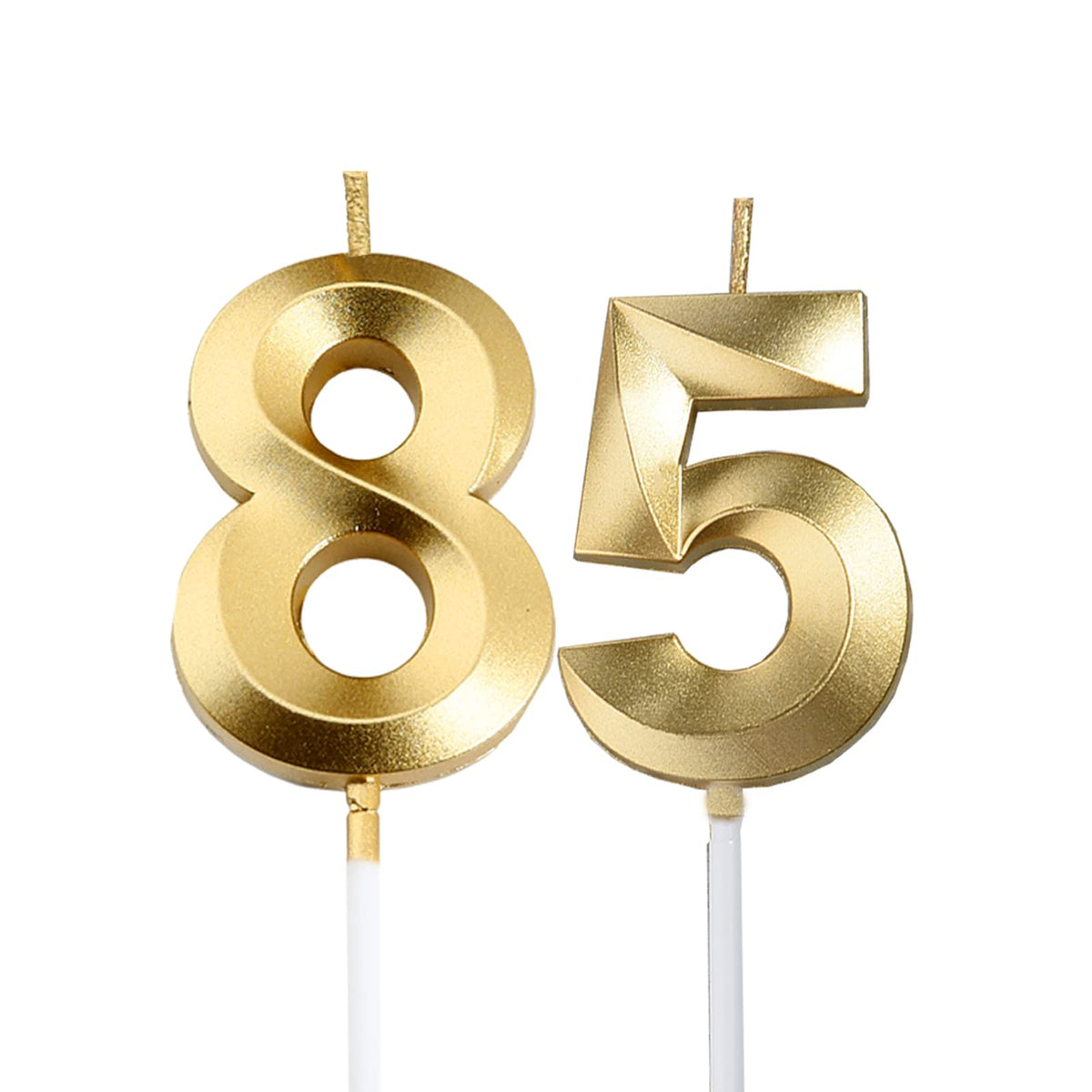 Gold 85th 58th birthday candles two pack in glitter gold