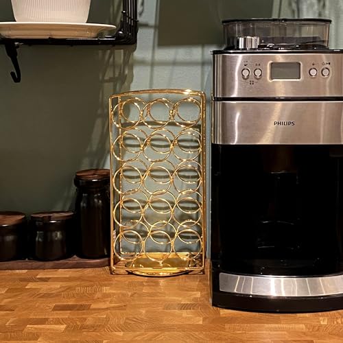 Gold coffee pod stand with 360-degree rotation