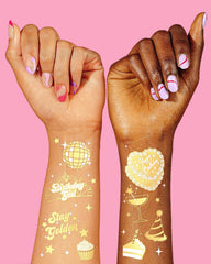 gold foil birthday tattoos with champagne cake martini disco ball designs