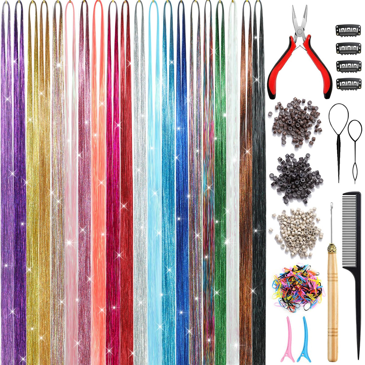 Gold hair tinsel kit with tools for women and kids