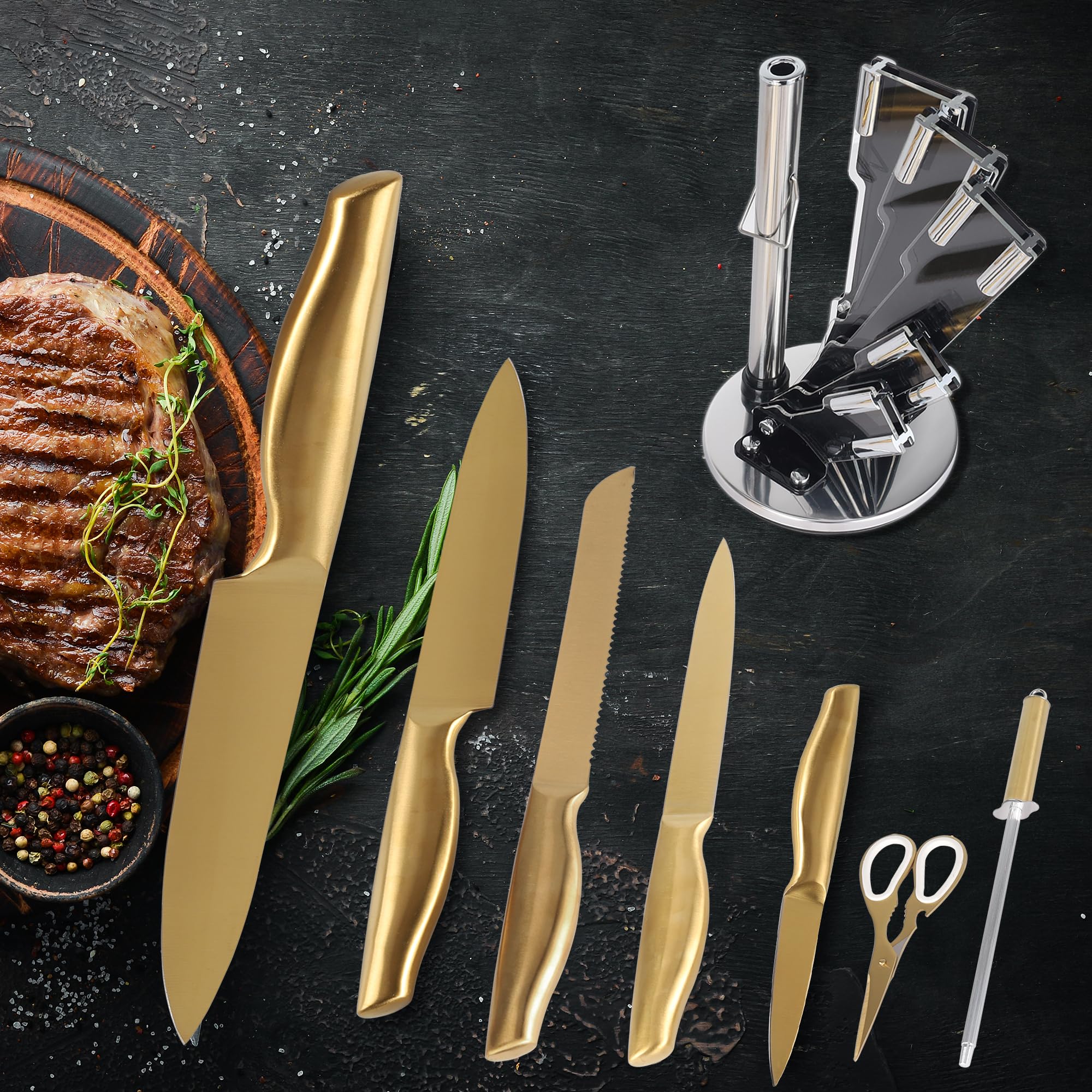 Gold Knife Set 8Pcs Sharpening Stick