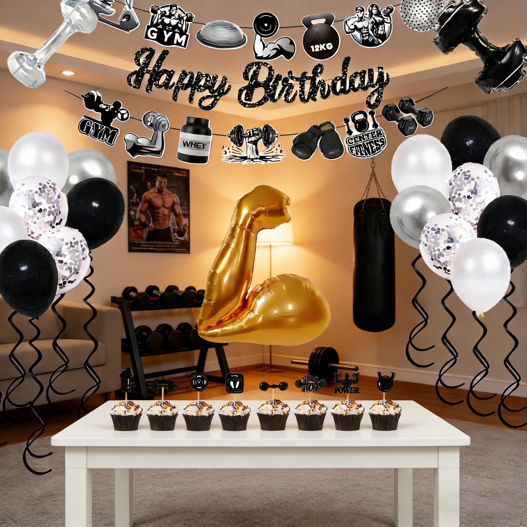 Gold muscle balloon from fitness themed party kit