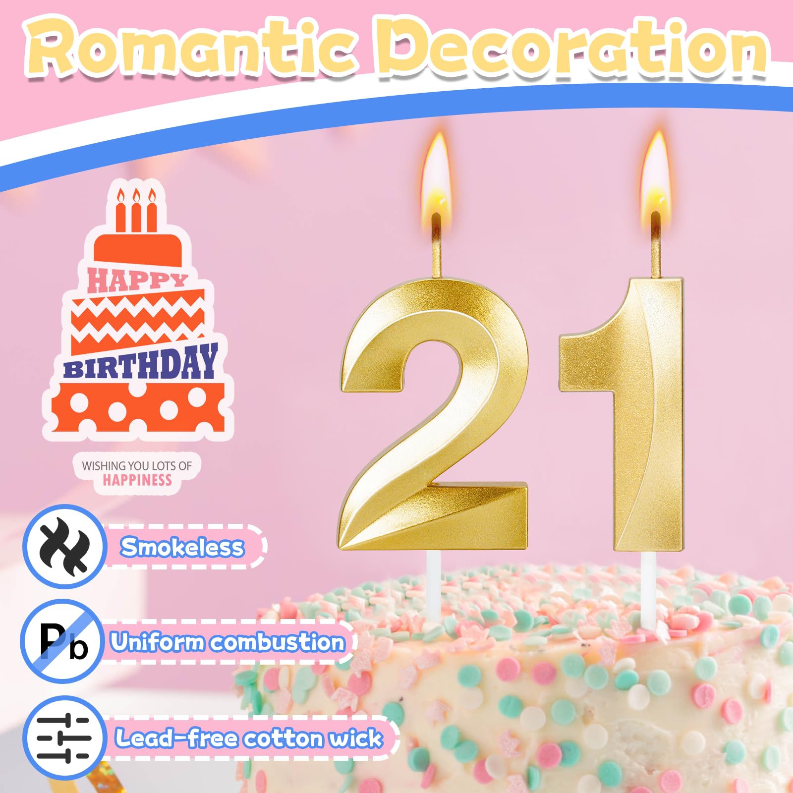 Gold birthday candles decorative cake topper for parties
