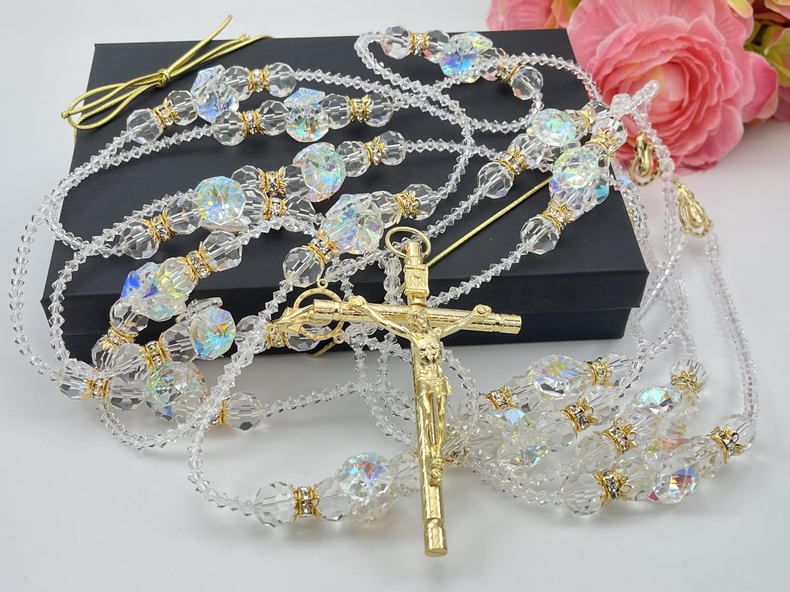 Gold plated lasso shown with AB octagon crystals