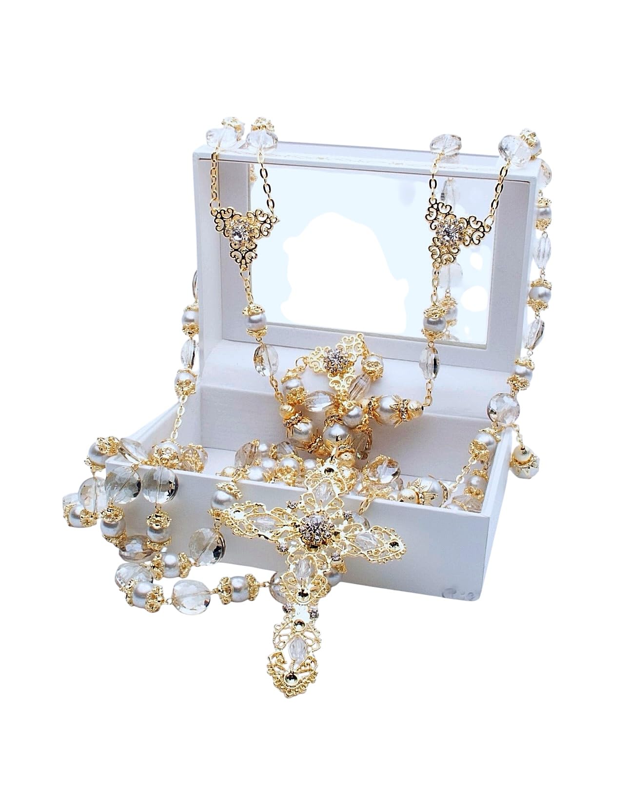 Beige ivory pearls and clear crystals wedding lasso accessories