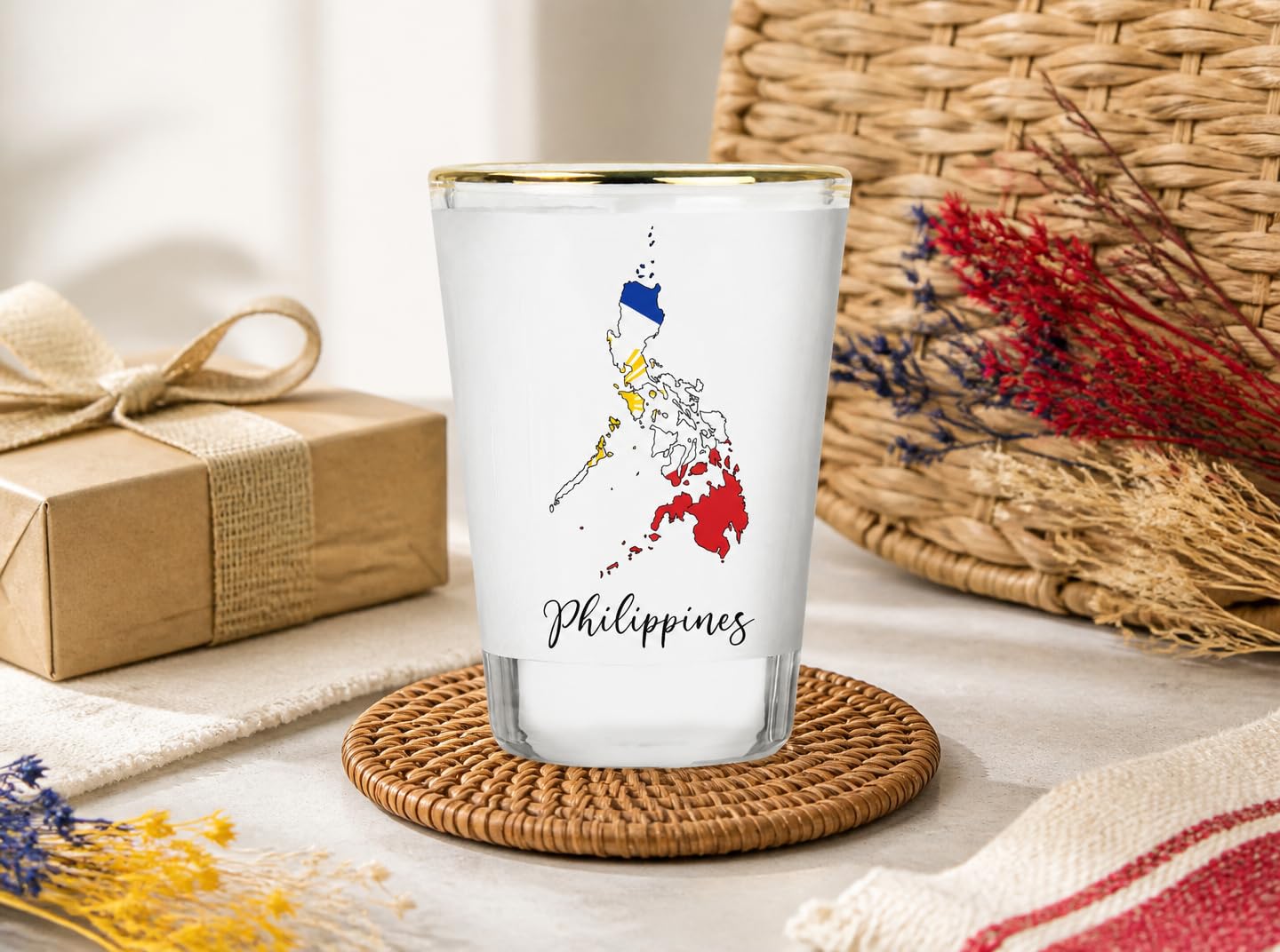 Gold rim shot glass featuring Philippine map and flag