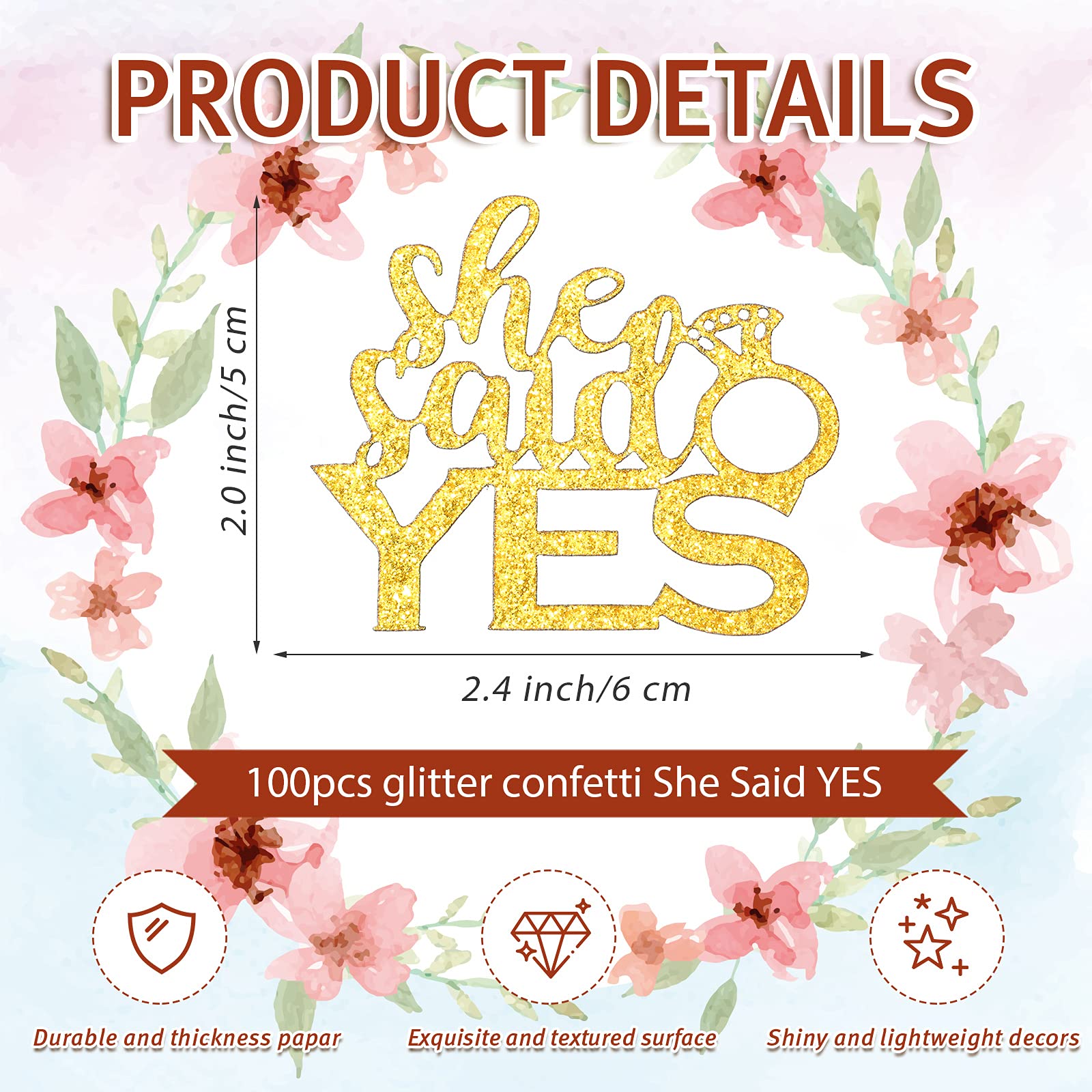 Gold confetti with She Said Yes lettering and diamond ring design