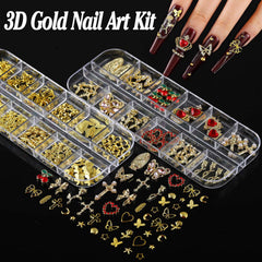 Gold and Silver 3D nail charms close up