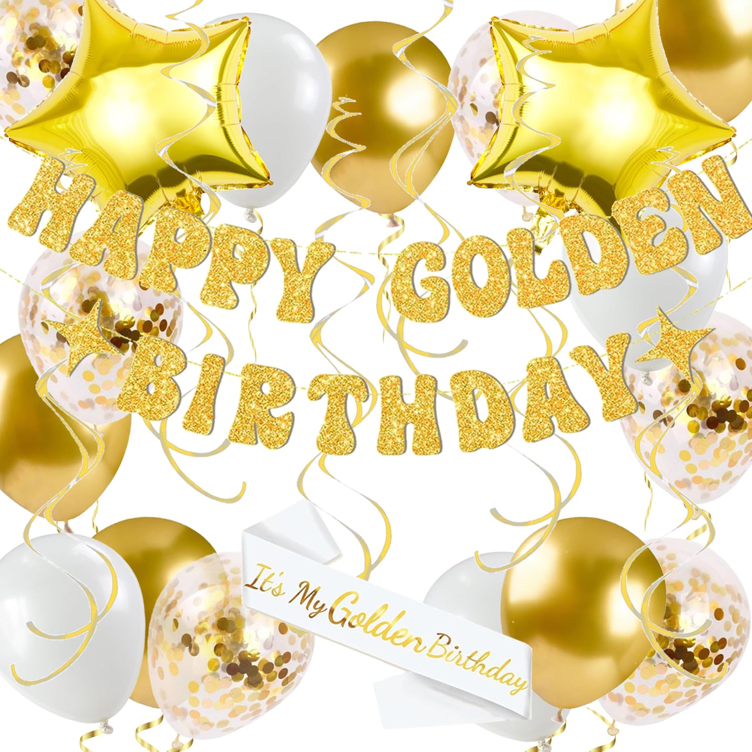 Golden Birthday Decorations value pack banner sash and swirls