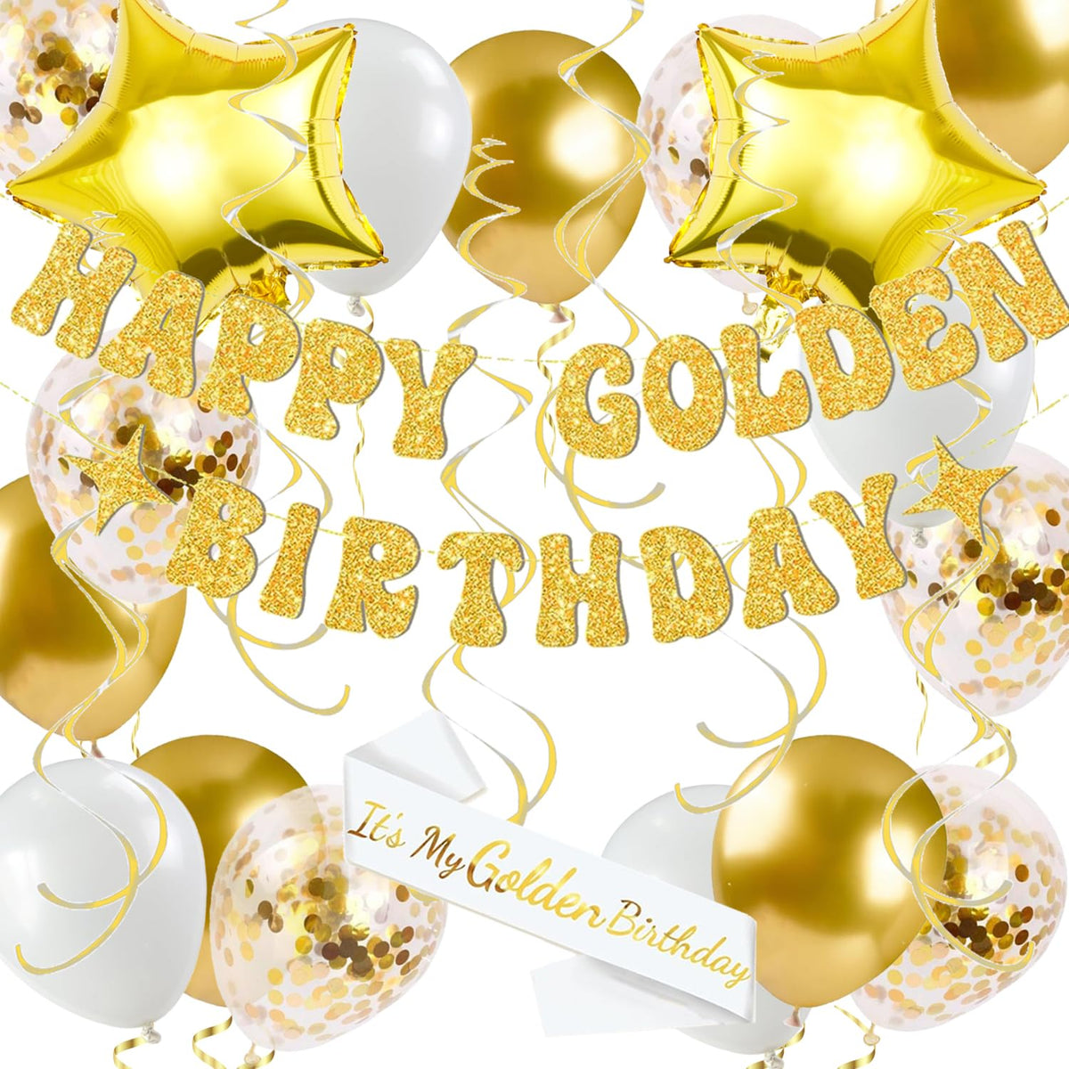 Golden Birthday Decorations value pack banner sash and swirls