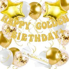 Golden Birthday Decorations value pack banner sash and swirls