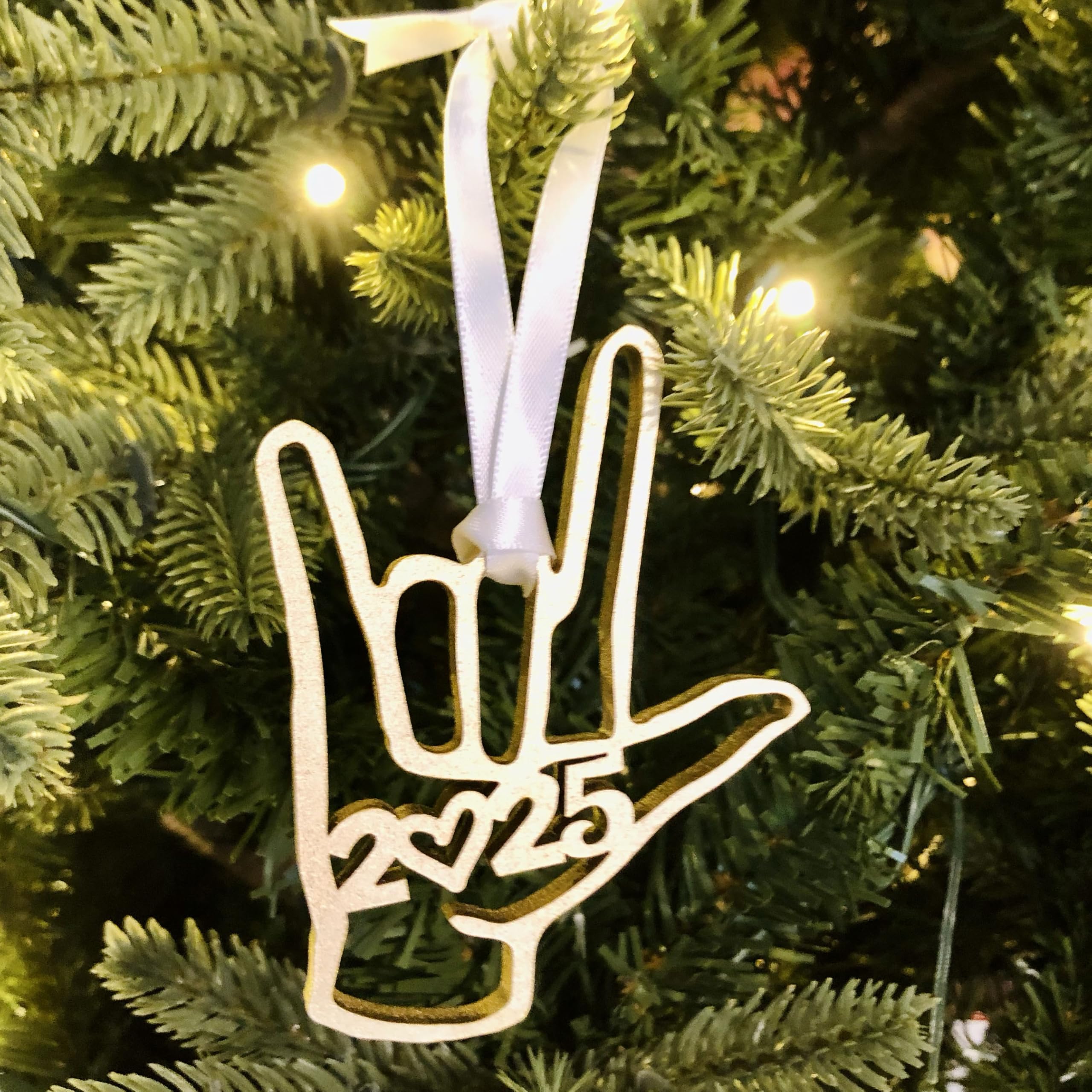 Golden sign language hand ornament with satin ribbon
