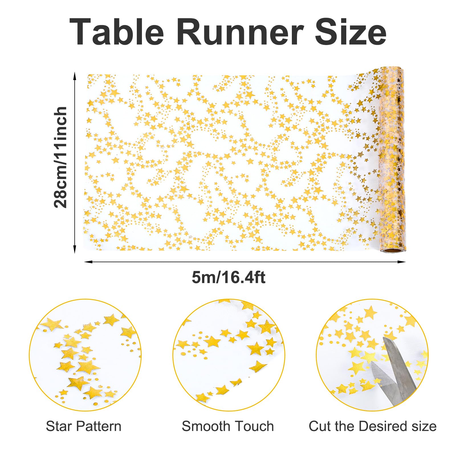 Golden Star Sheer Tulle Table Runner with gold star patterns