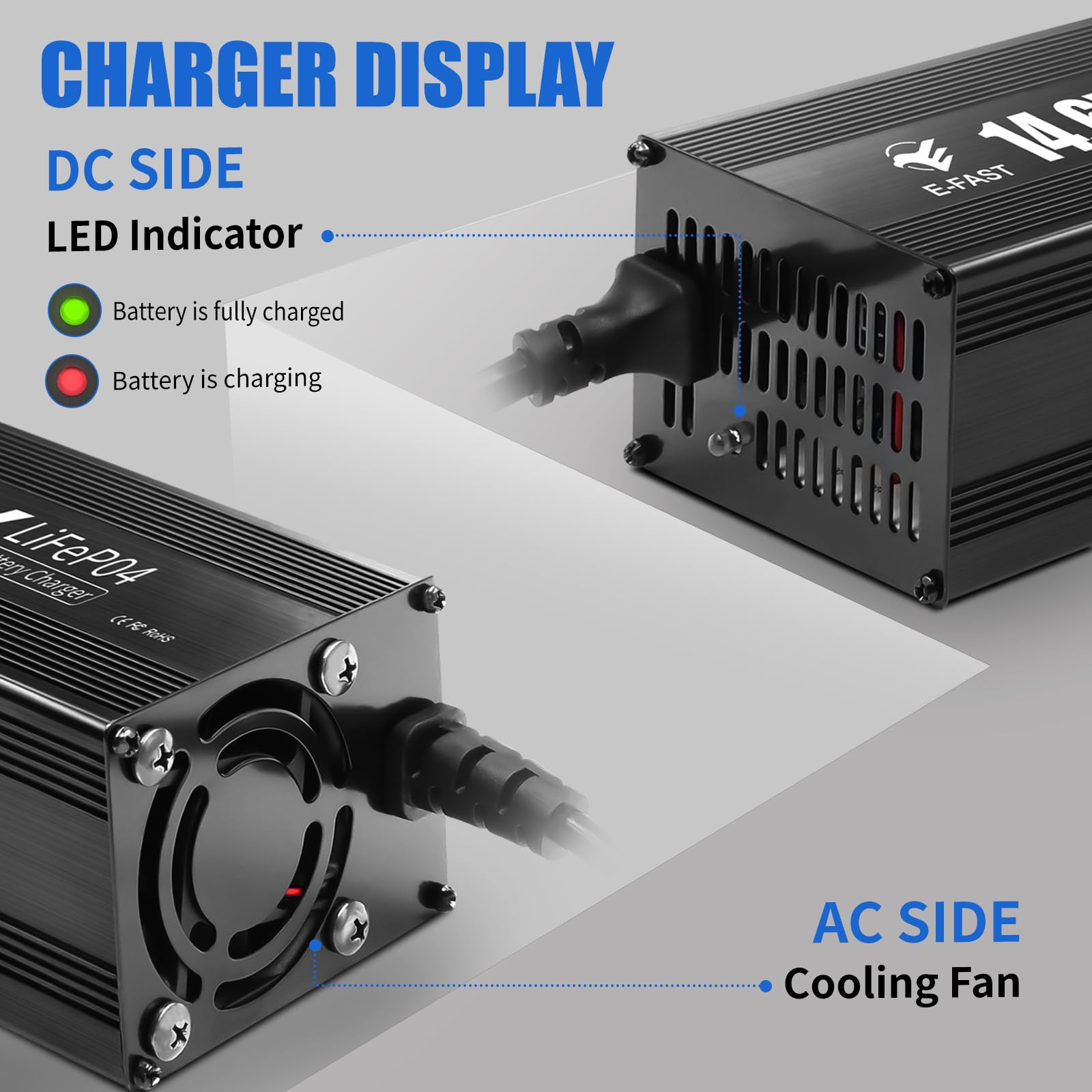 Cooling fan and aluminum housing on premium LiFePO4 charger