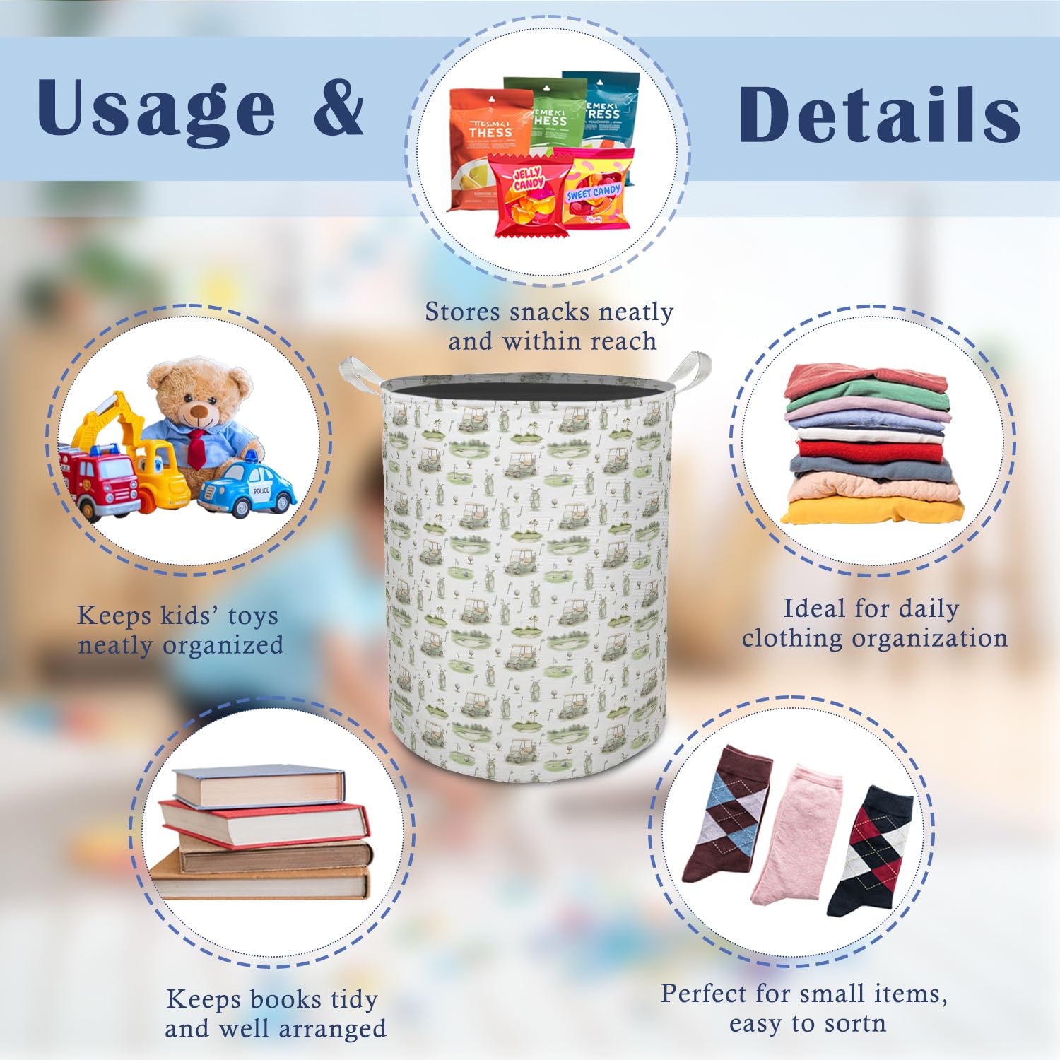 45L capacity golf laundry basket with black waterproof interior