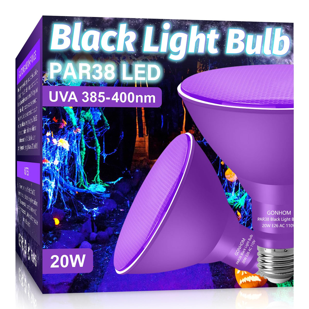 Gonhom PAR38 flood lights outdoor 2 pack packaging