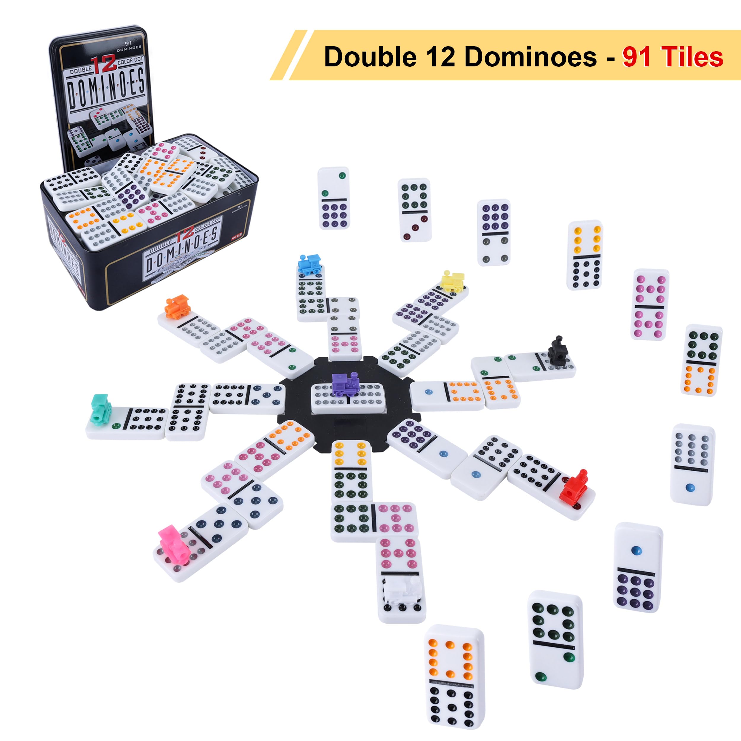 Domino set includes 91 color dot tiles with 9 trains and 8 wooden racks