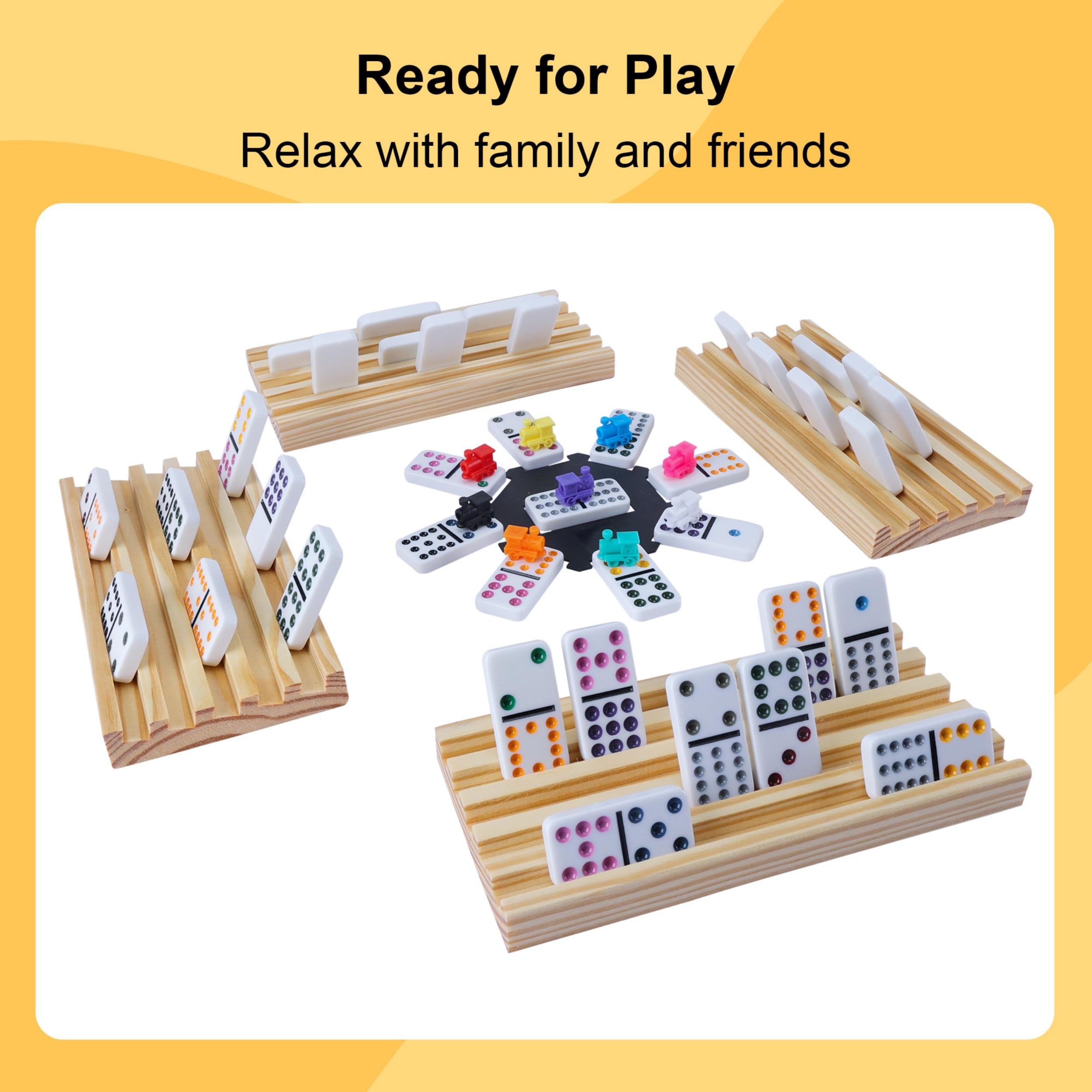 Domino tiles measure 2x1 inches and wooden trays 8x4 inches