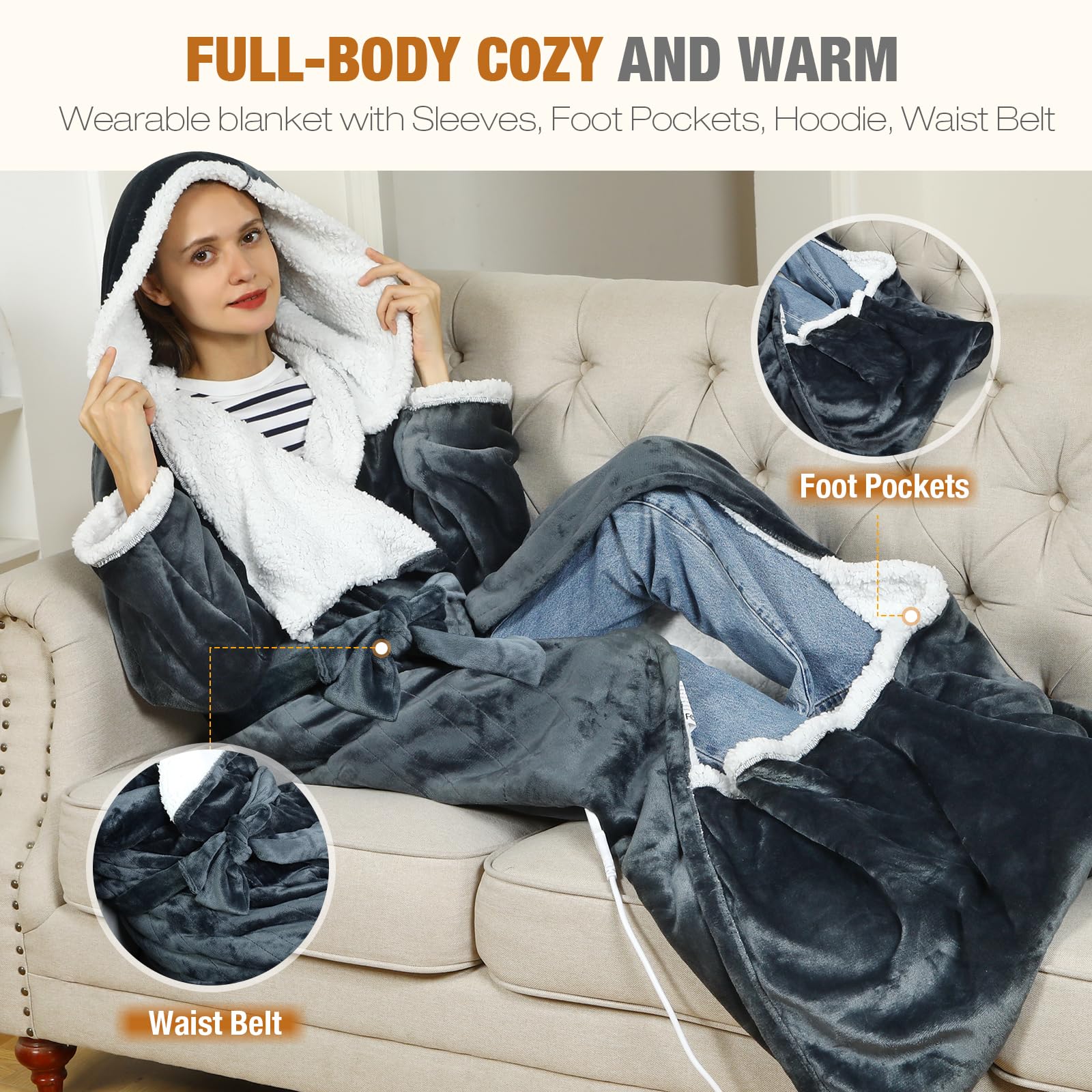 Sleeves and hood design of Goocoz wearable heated blanket