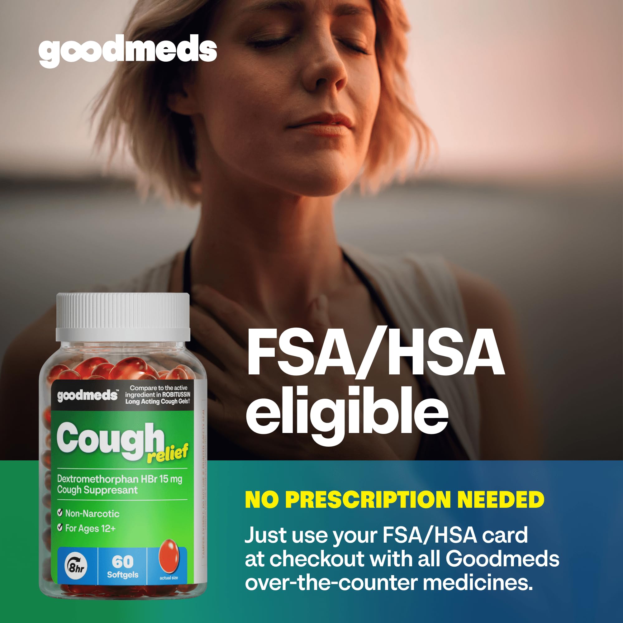 GoodMeds Dextromethorphan HBr 15mg softgel capsule close-up