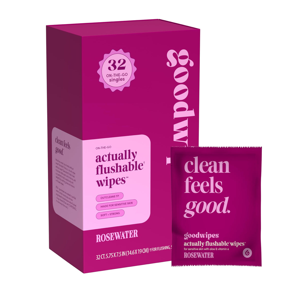goodwipes flushable wipe singles Rosewater 32 count packaging