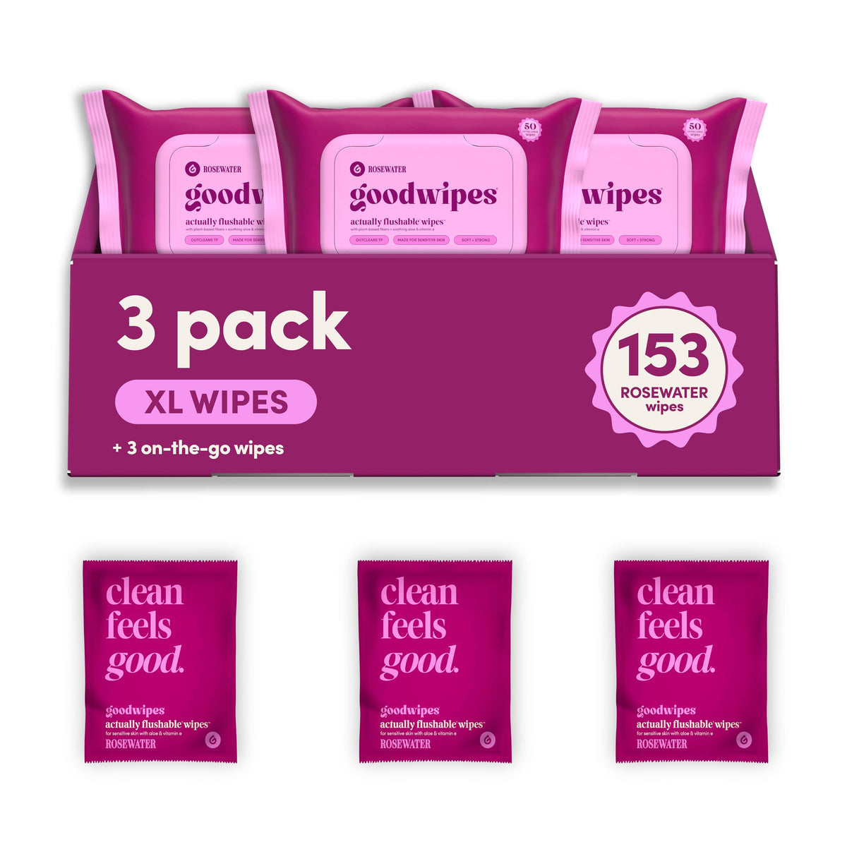 Goodwipes flushable wipes Rosewater 153 wipes in a 3 pack