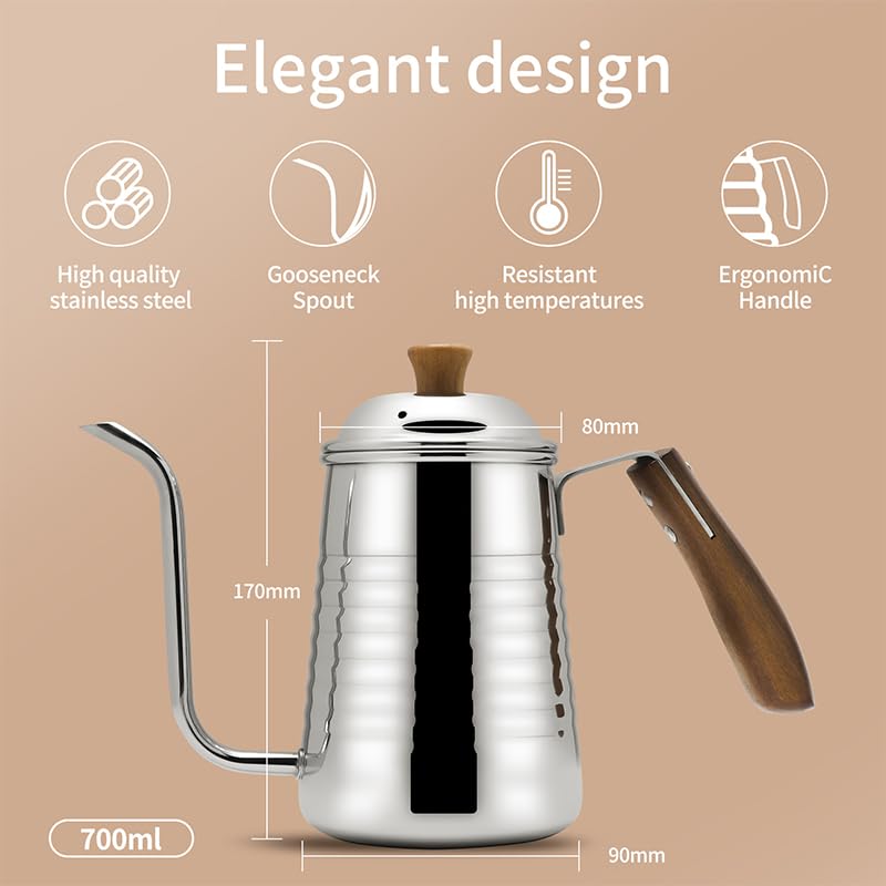Stainless steel gooseneck kettle with wooden handle
