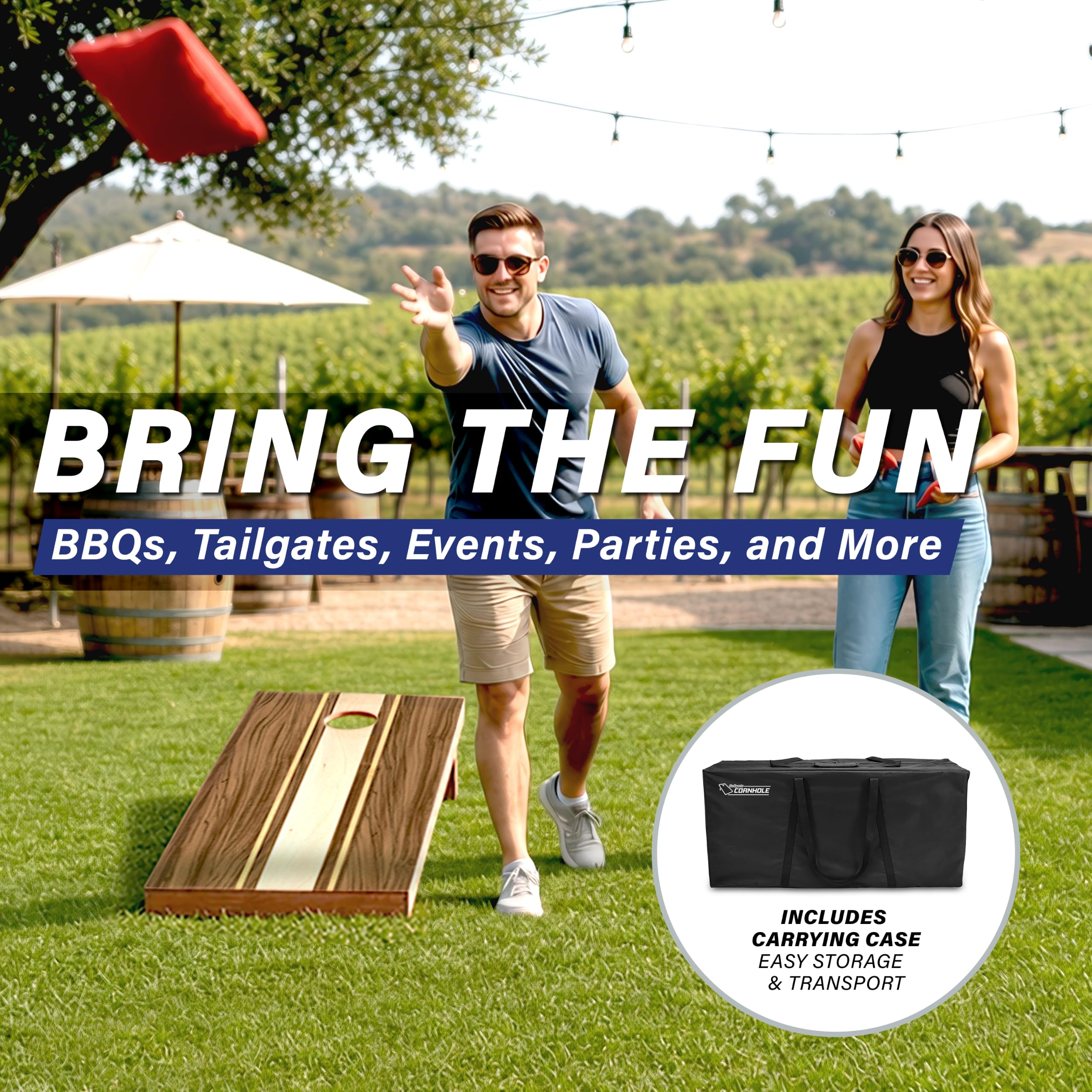 Carrying case and game rules included with cornhole set